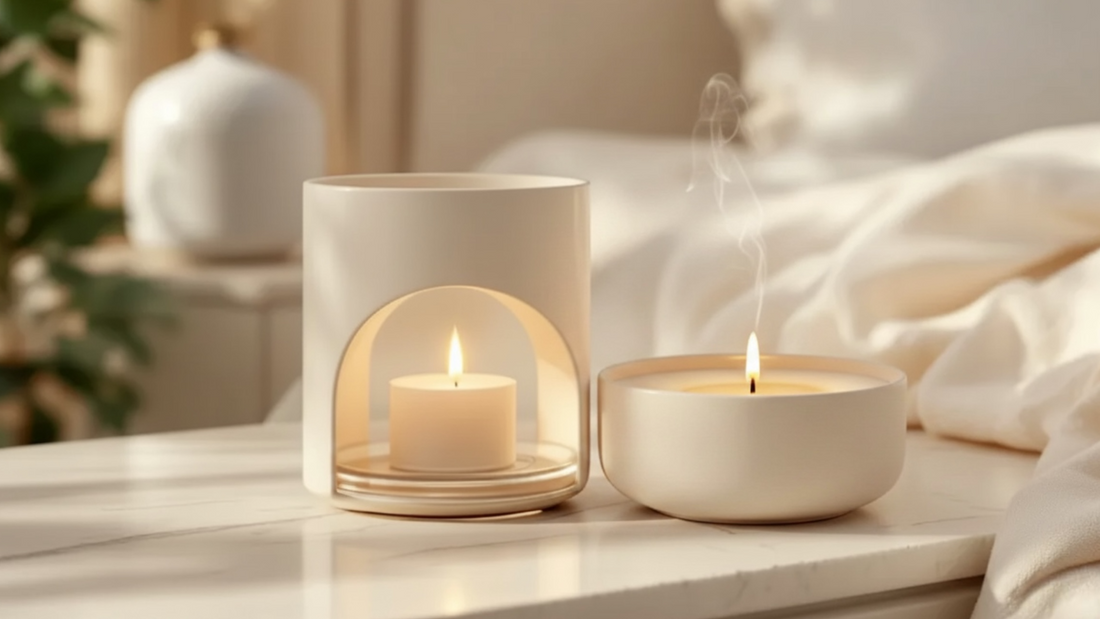 Ivory ceramic wax melt burner and scented candle styled on a travertine table