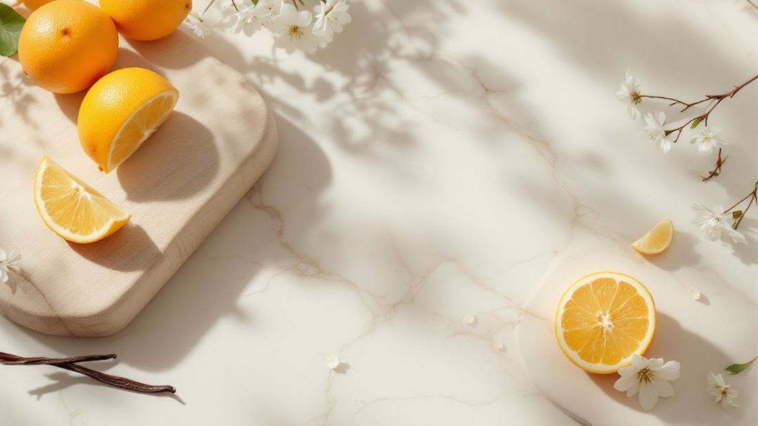 Citrus, white flowers, wood and botanicals arranged as home fragrance notes on travertine