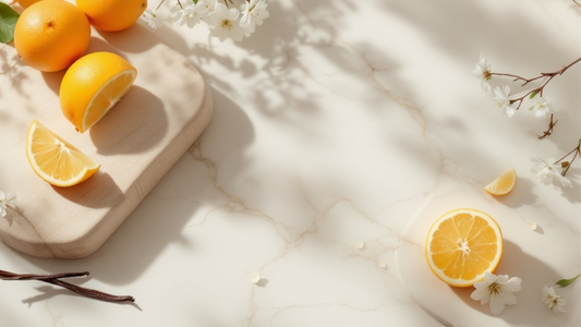 Citrus, white flowers, wood and botanicals arranged as home fragrance notes on travertine