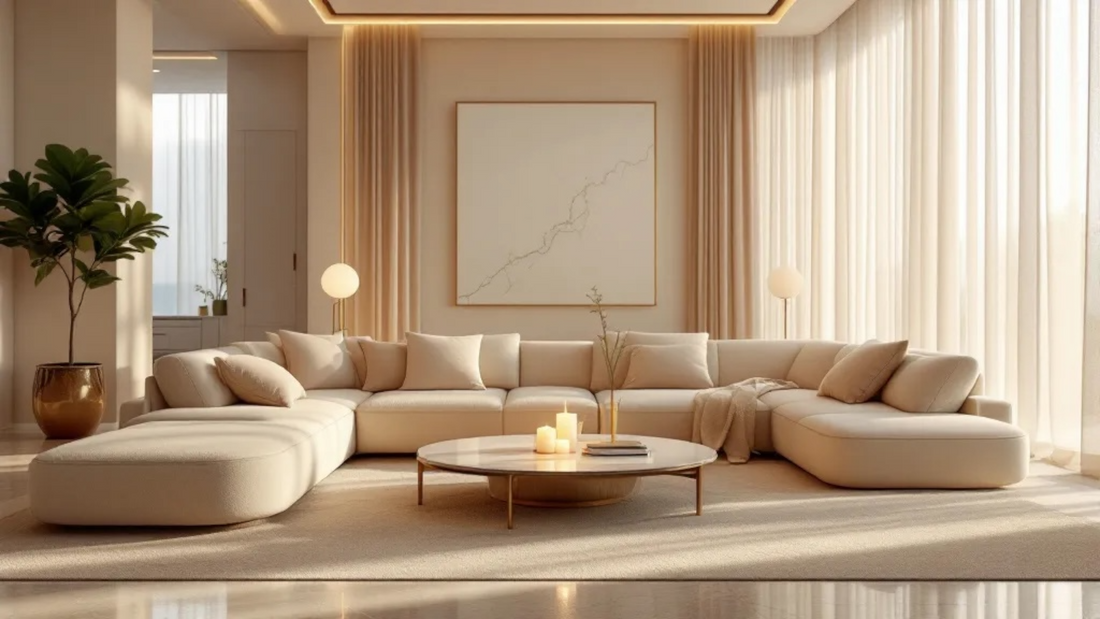 Luxury neutral interior with warm lighting and elegant home fragrance styling