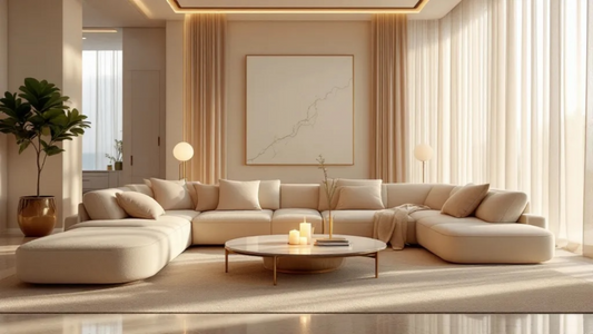 Luxury neutral interior with warm lighting and elegant home fragrance styling